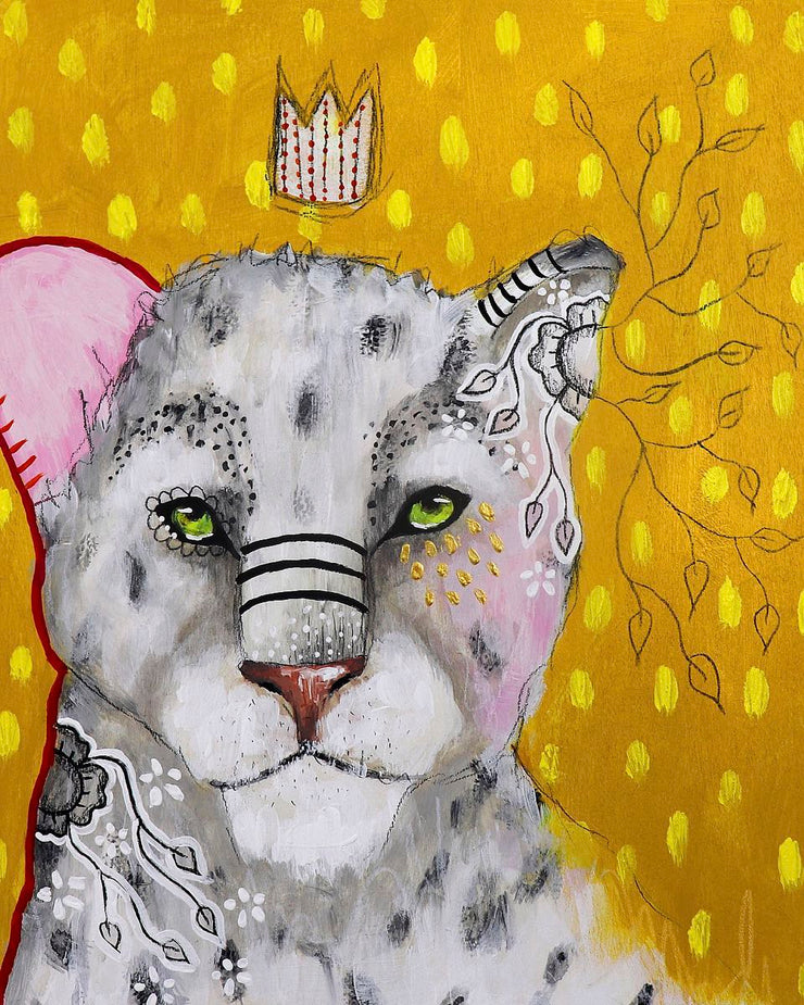 A snow leopard, a small crown floating above its head. Set against a yellow-gold spotted background.