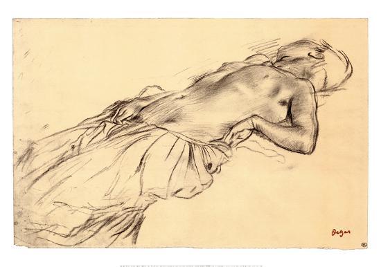 A charcoal drawing of a nude figure lying down. A gown covers their body from their genitals and below. The figure is facing away,