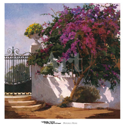 Magenta flower bush overflowing over a white wall. The wall connects to a black gate with a couple of small dirt steps leading up to it.   