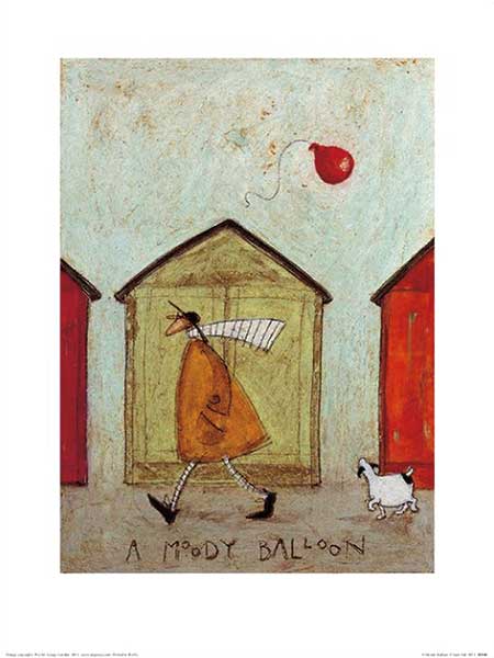A man in a yellow coat walks along a series of beach houses with his white dog walking behind him. A red balloon passes by in the wind overhead.