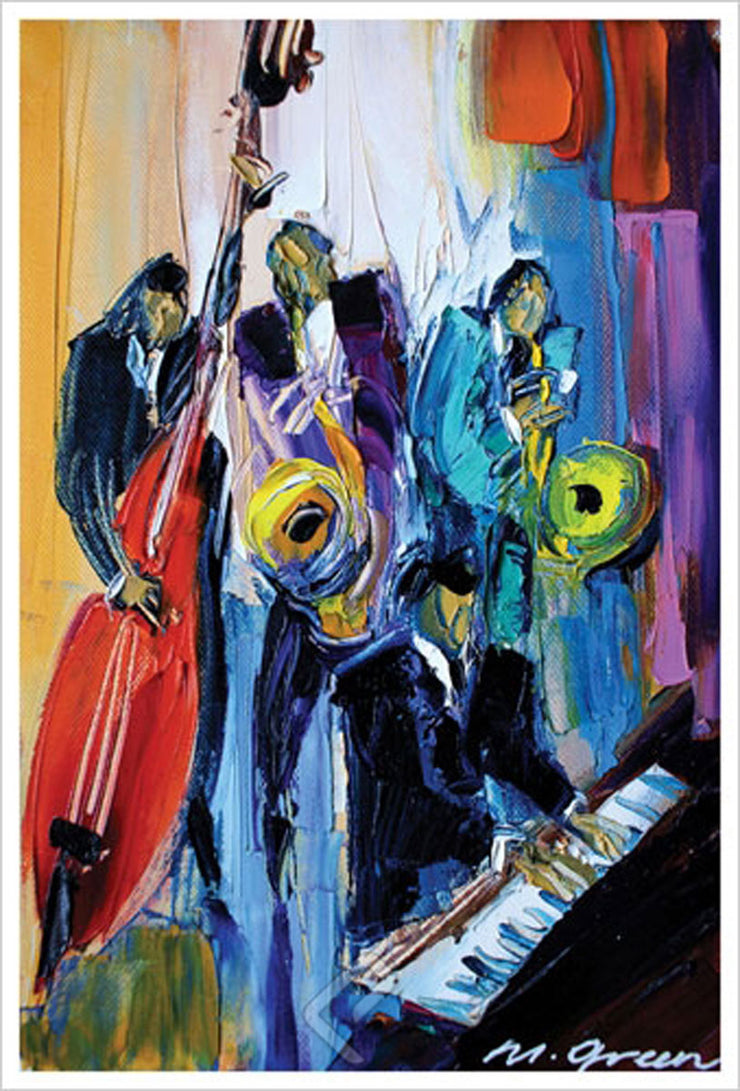 A jazz band featuring a bassist, two saxophonists, and a pianist. They all wear suits.