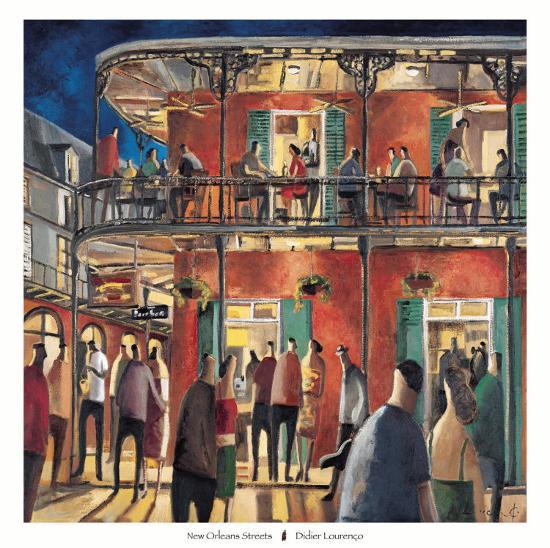 People in and around a red building at night. Lights from the two storey building light up the night. People fill the street, and there are people on the balcony. Text below image: New Orleans Streets / Didier Lourenco
