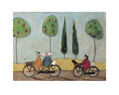 A Caucasian man and his wife go for a bicycle ride with their duck and dog. A Black woman cycles up behind them with her own dog. They cycle by apple and cypress trees. 