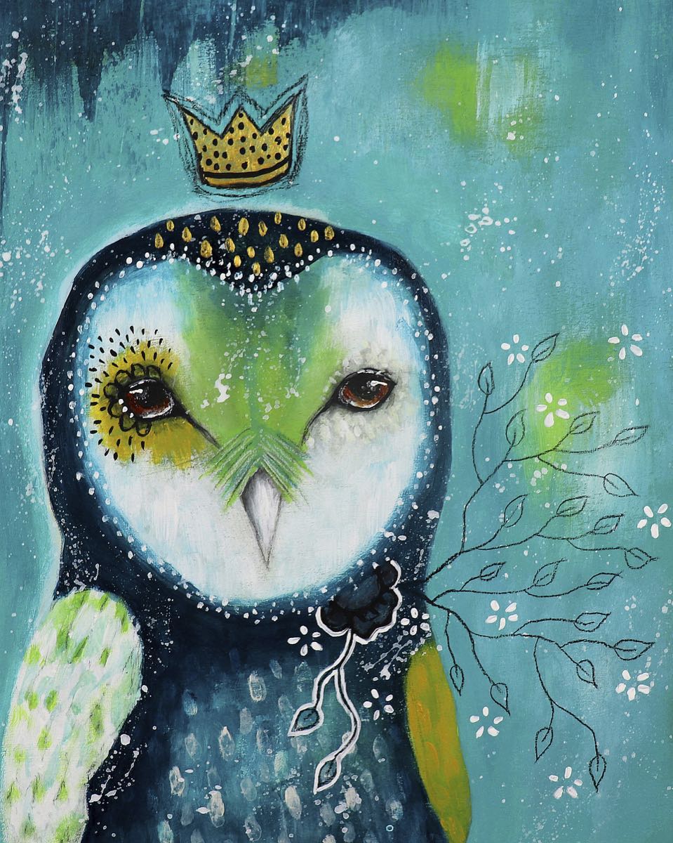 A blue, green, yellow, and white owl with a gold crown floating above its head. Set against a turquoise background.