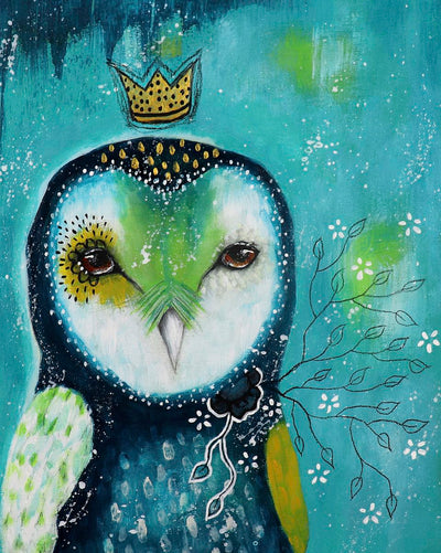 A blue, green, yellow, and white owl with a gold crown floating above its head. Set against a turquoise background.