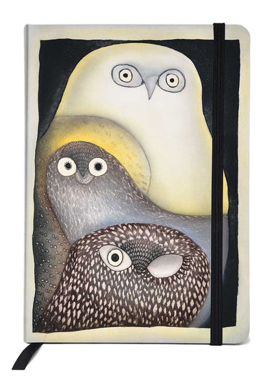 Three owls look at the viewer. One pale white, one grey, and one speckled. Printed on a journal.