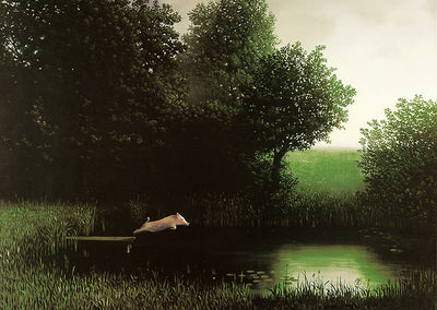 A pink pig leaps into a green pond from a small deck. The pond is surrounded by green reeds and a large green tree.