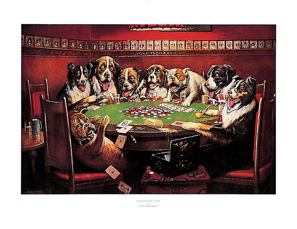 Several dogs sit around a poker table, playing poker. Chips sit in the center of the table. One dog falls off its chair. 