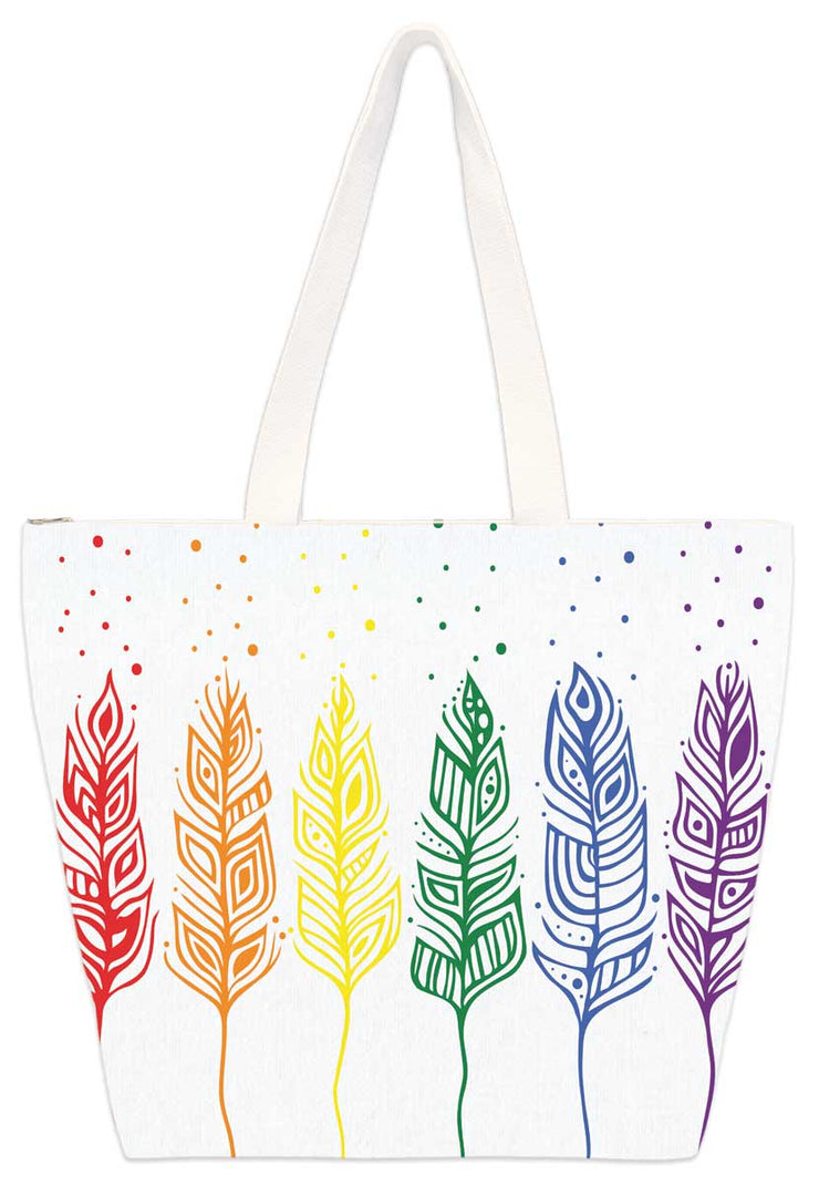 Feathers in pride colours (Rainbow). Set on a tote bag.