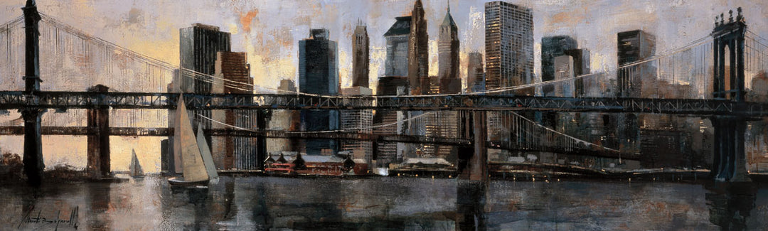 A landscape of New York City's Brooklyn Bridge and the city behind it. Boats sail in the water. The sun hides behind the buildings.