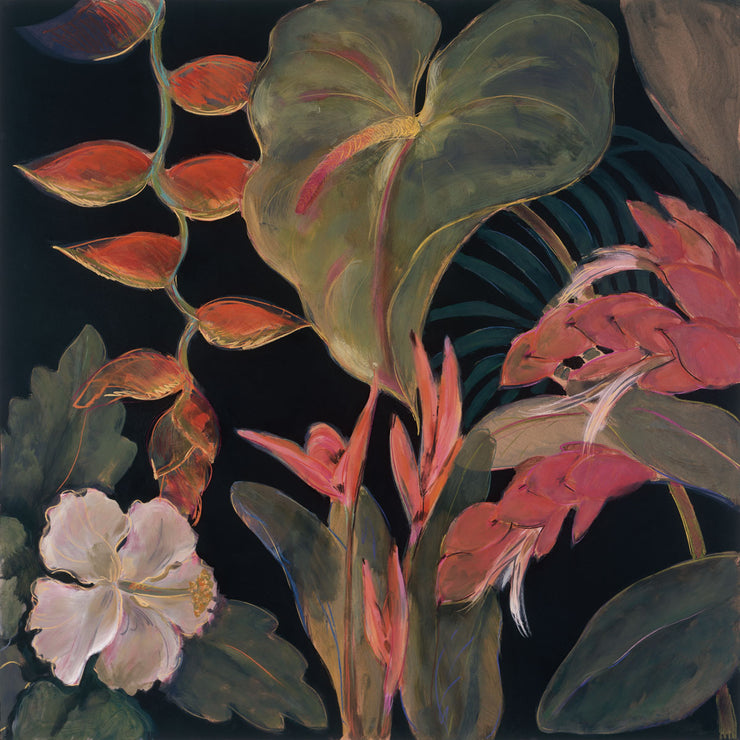 A series of green and red plants and flowers set on a black background.
