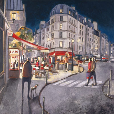 A night scene of a corner in Paris. The night is lit by a restaurant, and the street lamps. A couple cross the street. A man walks his dog. The windows of the surrounding buildings are lit.