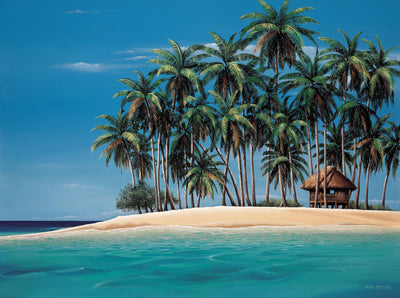 A small hut settled amongst palm trees on a sandy island. The sky and water are a deep blue.