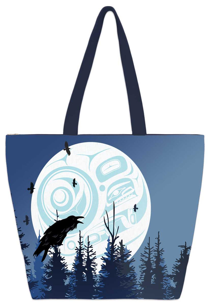 A silhouetted raven sits at the top of a pine tree. It caws into the night, the full moon behind it. More ravens fly around in the night. Set on a tote bag.