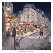A night scene of a corner in Paris. The night is lit by a restaurant, and the street lamps. A couple cross the street. A man walks his dog. The windows of the surrounding buildings are lit. The text is shown below the image.