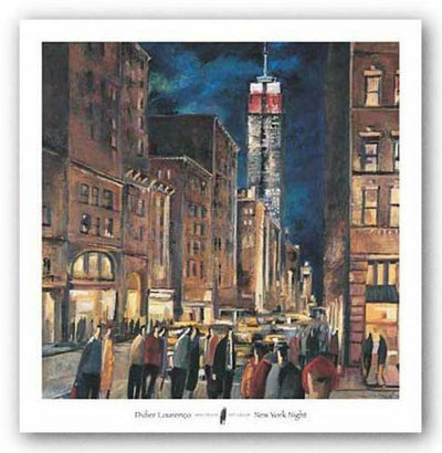 Depicts New York City at night, crowds of people crossing the street as the buildings tower over them.