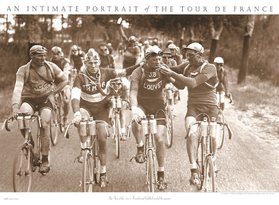 A sepia photo of cyclists. Four cyclists are ahead of the others. One gives another a smoke, while another holds the smoker steady. Title reads: "An Intimate Portrait of the Tour De France" end of text.