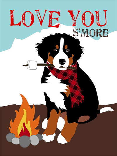 A bernese mountain dog puppy with a paid scarf around its neck. It holds a stick with a marhsmellow on the end of it. The puppy sits by a fire encircled by stones. Text above the dog reads "Love You S'More."