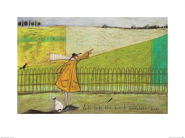 A man in a yellow coat points in a direction while his white dog sits at his feet. Farmland sprawls before them.
