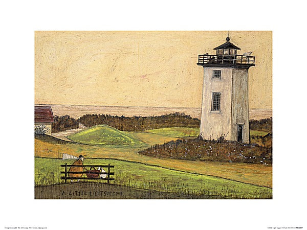 A man in a yellow coat sits on a bench with his dog. They sit across from a short, two storey lighthouse.