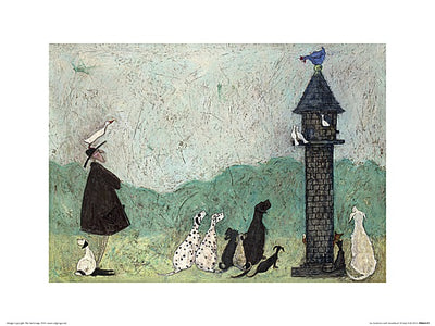 A man in a dark coat stands with a duck on his head. A white dog sits at his feet. Other dogs sit around a small, stone tower, with white birds perched near the top. They all look at a blue chicken sitting at the top of the tower, who looks down at all of them.