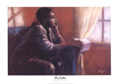 A black woman with her hair tied back sits on a chair. She rests her head in one hand and holds a letter in the other hand. Light shines in on the wall and her from the window she is looking wistfully out of.
