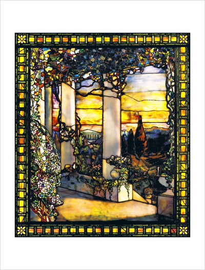 Stain glass print of a Greek structure with pillars. It overlooks the land beyond it while the sun sets.