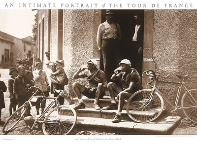 Cyclists take a drink on some steps. Children stand near by, while a couple of men stand in the doorway above the cyclists. Text: An intimate portrait of the Tour de France