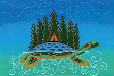 A blue shelled turtle with pine trees growing off its back. A tipi, an Indigenous tent, sits on the turtle's back surrounded by the trees. The turtle swims in a vast sea.