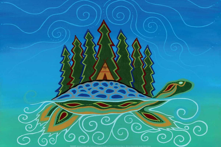 A blue shelled turtle with pine trees growing off its back. A tipi, an Indigenous tent, sits on the turtle&